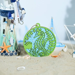 Marine theme seahorse wooden ornament with nautical laser cut design and hemp rope