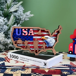 Detailed view of 3D layered wooden USA map craft with eagle and flag silhouette