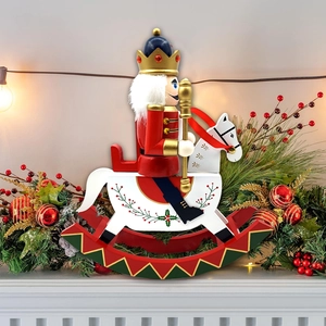 Traditional Christmas Nutcracker Soldier Riding Wooden Rocking Horse Hand Painted Pine Wood Festive Home Table Ornament Gift