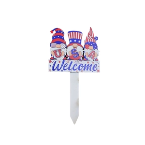 Patriotic USA gnome garden stake with Welcome sign for Fourth of July outdoor decoration