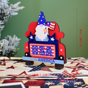 Detail of wooden 4th of July Independence Day gnome truck table decor with USA text