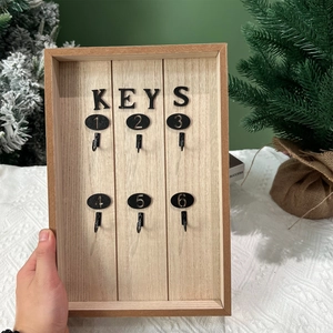 European wooden key organizer box with 6 black hooks and decorative KEYS text