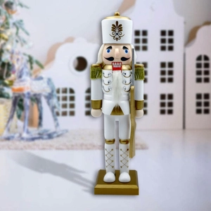 Elegant 30cm white and gold Christmas nutcracker soldier statue on a square base
