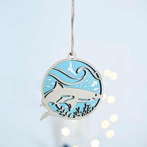 Marine shark wooden wall hanging decor with layered blue design and hemp rope