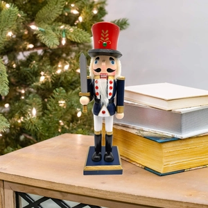 Detail of 25.5cm nutcracker soldier with blue uniform and sword for Christmas decor