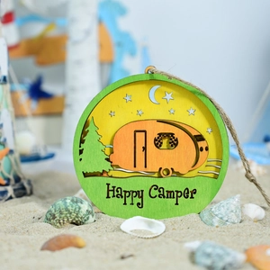 Nautical wooden Happy Camper hanging sign with multi-layered ocean and camping scene