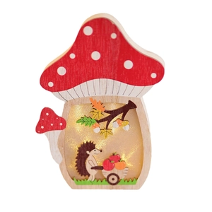 Harvest wooden mushroom house lamp with internal hedgehog and apple cart scene