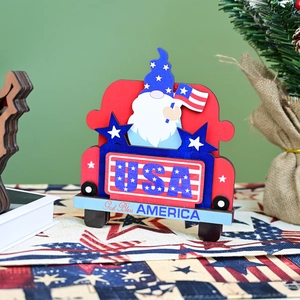 Detail of wooden gnome car decoration with USA lettering and God Bless America slogan