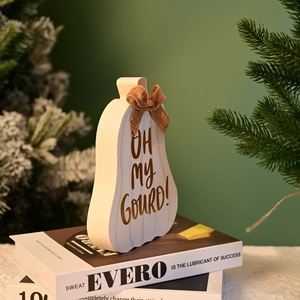 Harvest wooden pumpkin decor with gold Oh My Gourd text and burlap bow for tabletop