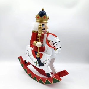 Detailed side view of 30.5cm wooden nutcracker soldier on decorative rocking horse