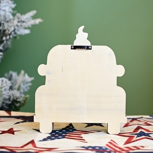 Back view of wooden flag car craft with black metal sawtooth hanger and wood texture