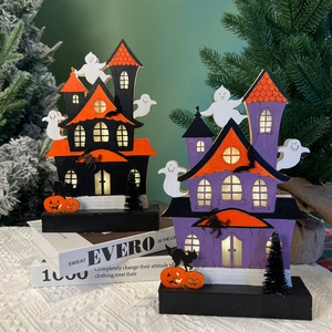 Halloween Wooden Haunted House Lighted Ornament LED Glowing Ghost Castle Decoration For Halloween Party Indoor Tabletop Decor