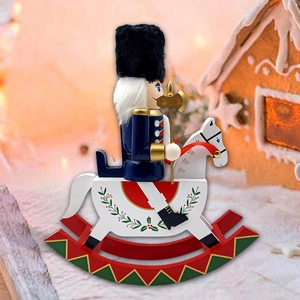 Detailed blue nutcracker soldier with golden axe riding a white traditional rocking horse