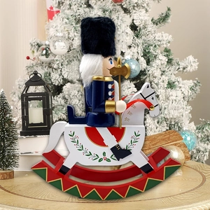 Macro view of wooden rocking horse nutcracker ornament with fine festive details