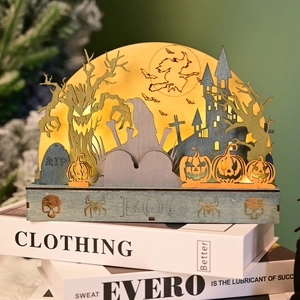 Halloween wooden LED light bridge with pumpkin, witch, and castle silhouette decor