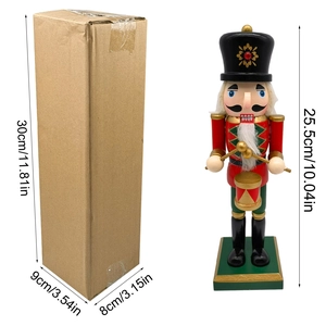 Wooden 25.5cm Christmas Nutcracker Drummer with gift box and dimensions display