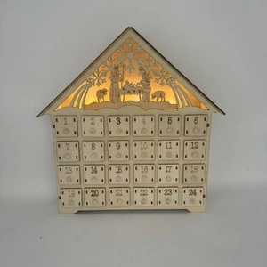 Detailed wooden Nativity advent calendar with 24 drawers and warm LED lighting