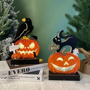 Halloween LED wooden pumpkin ornaments with crow and ghost for festive home table decoration