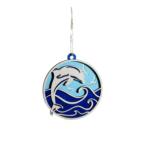 Nautical 3D wooden ocean ornament with dolphins and waves in blue coastal layers
