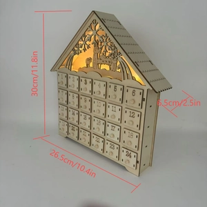 Detail of wooden 24-day Advent calendar house with LED lighting and laser-cut scene