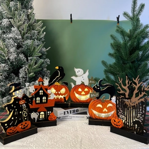 Halloween wooden LED spooky house decor with pumpkin and ghost glowing ornaments