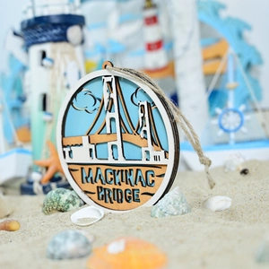 Detail of wooden Mackinac Bridge wall hanging with multi-layer laser cut and twine rope