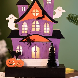 Luminous Halloween wooden ghost house decoration with LED lights, pumpkin and cat design