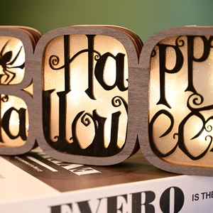 Wooden Halloween BOO sign with LED lights and Happy Halloween cutout design
