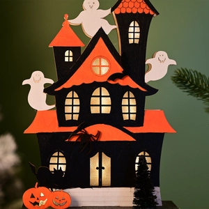 Halloween wooden ghost house decor with LED light features ghost bat and pumpkin elements