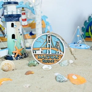 Macro detail of multilayer wooden Mackinac Bridge wall hanging with nautical decor
