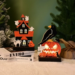 Halloween wooden LED spooky house and crow pumpkin light decorations for home festive display