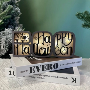 Wooden Halloween BOO letter sign with warm LED lights and hollow carved spooky patterns