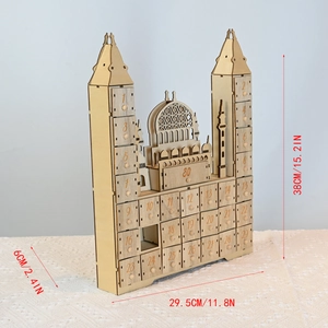 Macro view showing dimensions of wooden Islamic countdown calendar with 30 small drawers