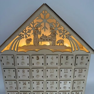 Wooden 24-day advent calendar house with nativity scene and warm LED backlight decor