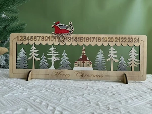 Close-up of wooden advent calendar with Santa sleigh indicator and 24-day countdown