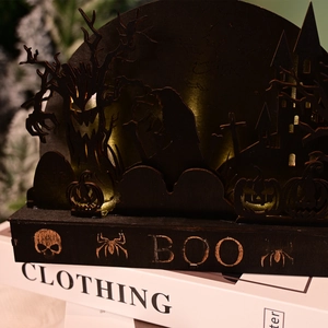 Halloween wooden silhouette bridge light with LED pumpkins and spooky ghost scenery