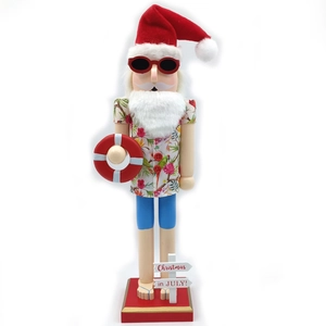 Detail of tropical Hawaiian Nutcracker with sunglasses and lifebuoy for Christmas in July