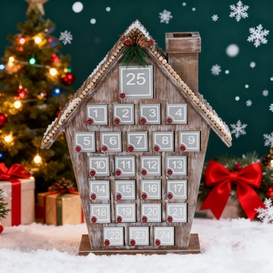 Wooden Christmas Advent Calendar House Shape Vintage Distressed 25 Days Holiday Countdown Desktop Ornament Home Xmas Decor