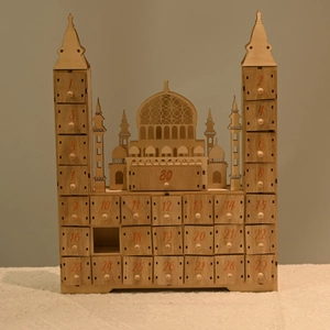 Wooden Ramadan countdown calendar with 30 drawers in elegant mosque architectural design