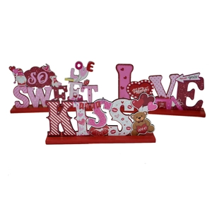 Lot de 3 décorations de table LOVE et KISS en bois pour la Saint-Valentin avec oursons