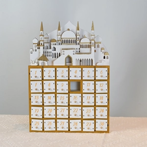 Holz LED Countdown-Kalender für Ramadan mit 30 Schubladen im weißen Moschee-Design