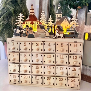 Wooden Christmas Advent Calendar With LED Light Village Scene Countdown Drawers Boxwood Holiday Decor For Home Tabletop