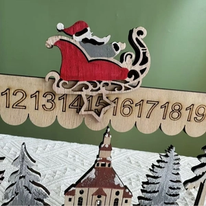 Wooden Christmas advent calendar with Santa sleigh and laser-cut forest cottage decor