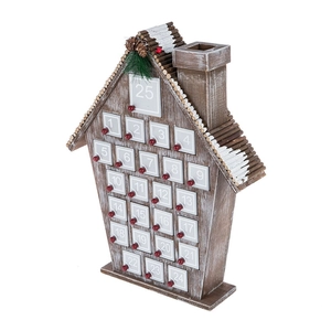 Gray wooden house advent calendar with 25 drawers and festive pine cone decor