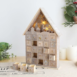 Maison de Calendrier de l'Avent de Noël en Bois Avec 25 Tiroirs LED Allumer Compte à Rebours de Noël Boîte de Rangement Décoration