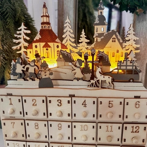 Wooden Christmas Advent Calendar with LED light village scene and 24 storage drawers