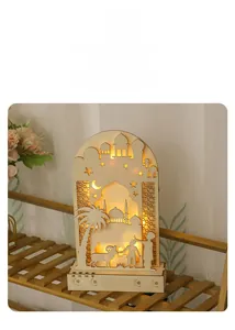 Detail of warm LED moon lamp with intricate hollowed-out wooden mosque carvings
