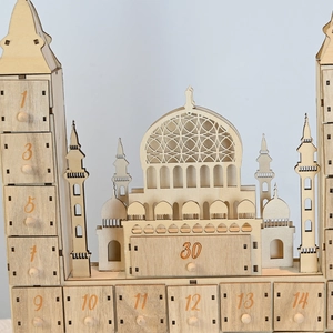 Wooden Ramadan advent calendar with mosque design and numbered countdown drawers