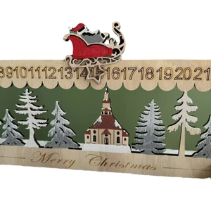3D wooden Christmas advent calendar with Santa sleigh and forest silhouette scene