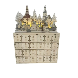 Wooden Christmas Advent Calendar with LED lighted village scene and 24 storage drawers